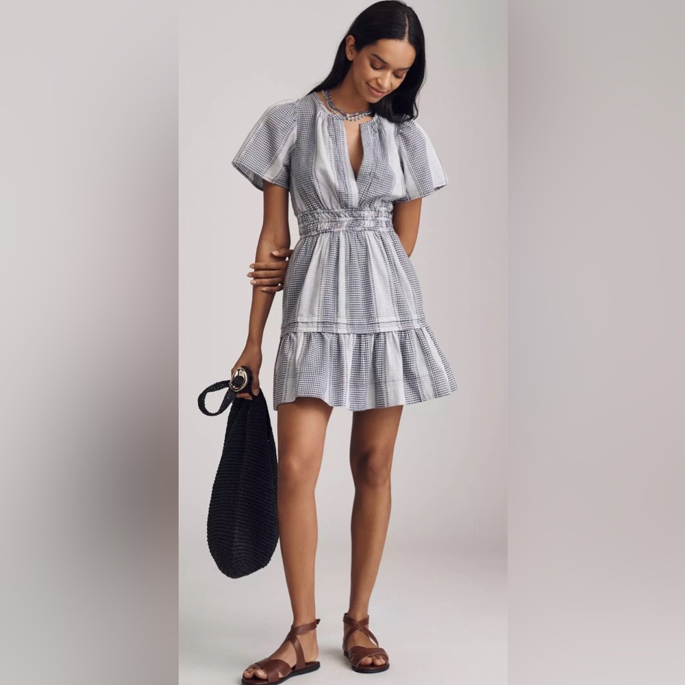 Anthropologie Light Blue & White Striped Tiered Mini Dress